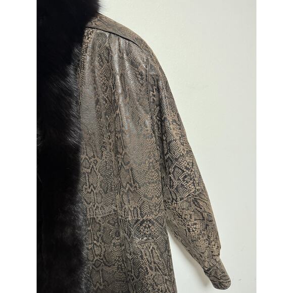 Snake Print Coat Womens Medium Brown Fox Fur Trim Longline Oversized Python - Picture 3 of 16
